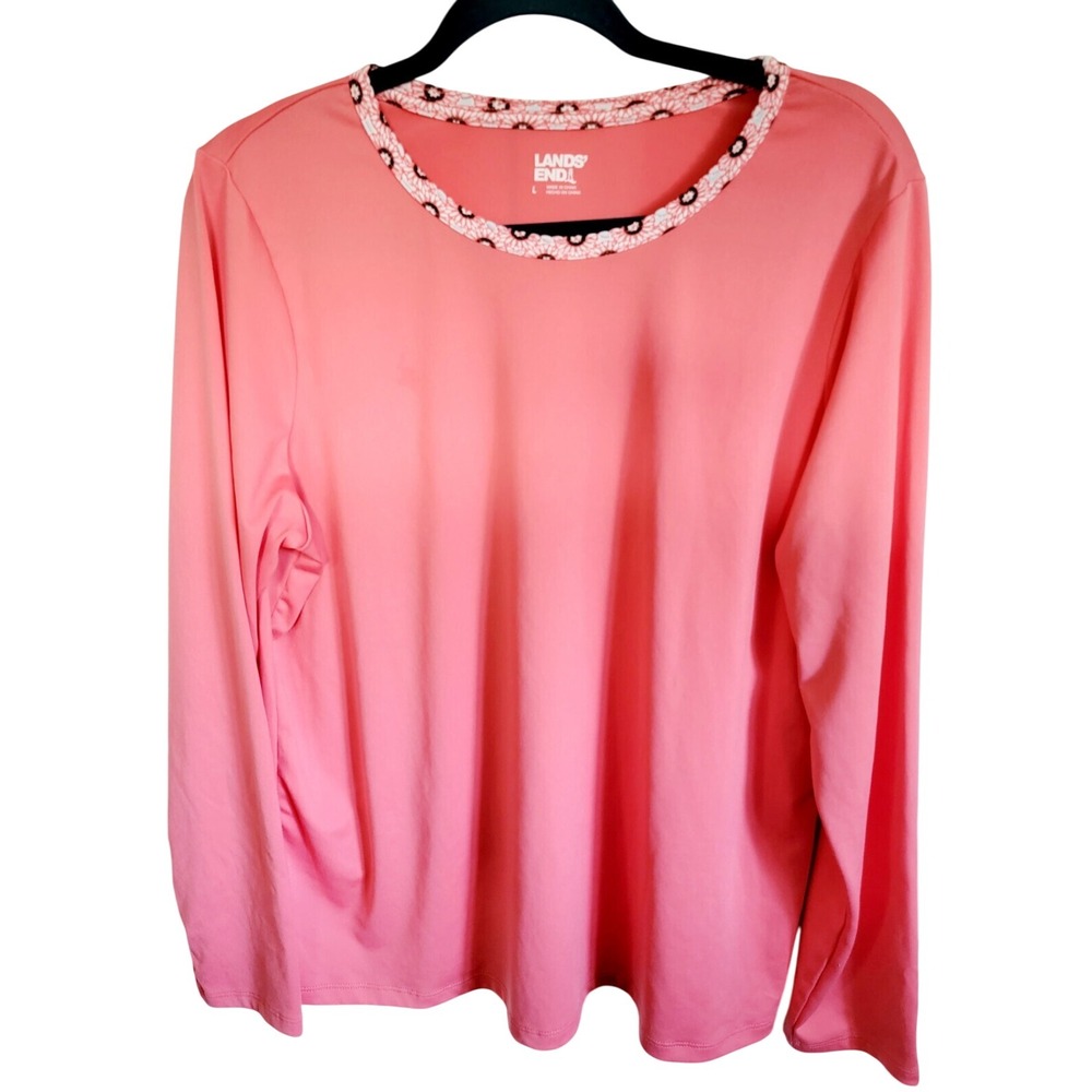 Lands End L Women's Long Sleeve Pink‎ Salmon Top With Design Collar NEW